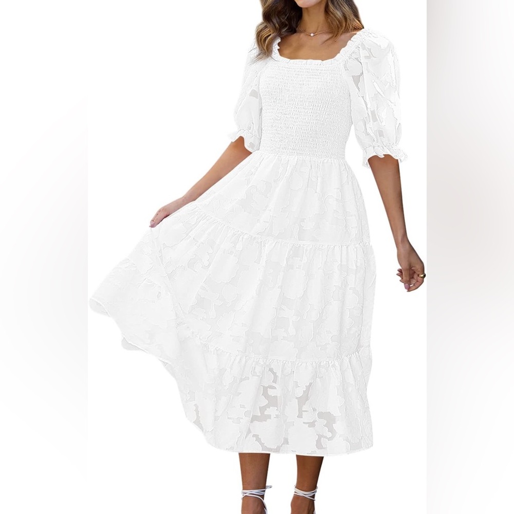 LILLUSORY Women's Midi Puff Sleeve Summer Dress 2023 Lace Flowy Square Neck Tier